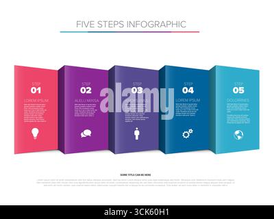 A vibrant five steps infographic layout featuring colorful 3D box elements. This infographic design illustrates a process with five distinct steps, ea Stock Vector
