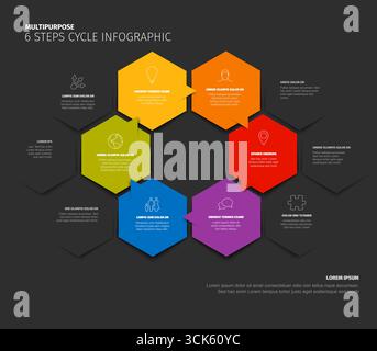 A multipurpose 6 steps cycle infographic template with colorful hexagons on a dark background. This versatile infographic displays a circular process Stock Vector