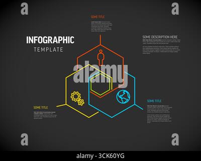 A minimalist infographic template with colorful hexagonal outlines and icons like a person, gears, and a globe, ideal for modern data visualization an Stock Vector