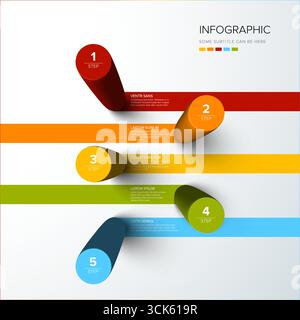 A vibrant infographic template with five distinct 3D steps or options, each clearly numbered and presented with colorful bars and text areas. This inf Stock Vector