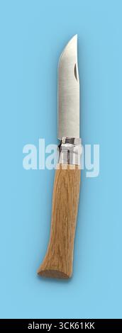 A sleek folding knife with a wooden handle, designed for practicality and ease of use in various outdoor activities. Stock Photo