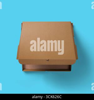 A plain cardboard pizza box, slightly open, suggesting it contains pizza. Stock Photo