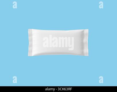A plain, rectangular white pillow pack, typically used for packaging small items or samples. Stock Photo