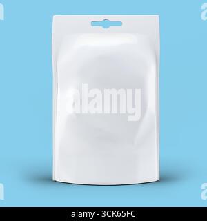A plain, sealed white packaging bag designed for various products, featuring a hole for hanging display. Stock Photo