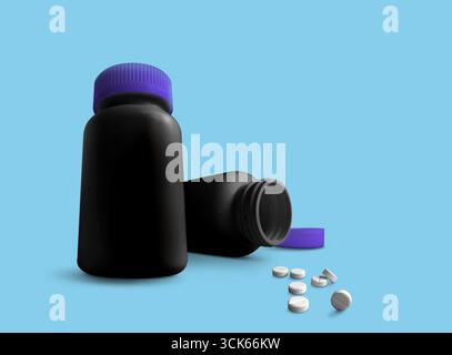 A pair of black medication bottles with purple caps, one open, accompanied by several white tablets on a surface. Stock Photo
