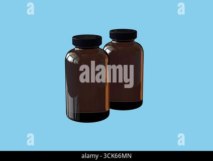 Two amber glass bottles with black caps, typically used for storing liquids or pharmaceuticals. Stock Photo