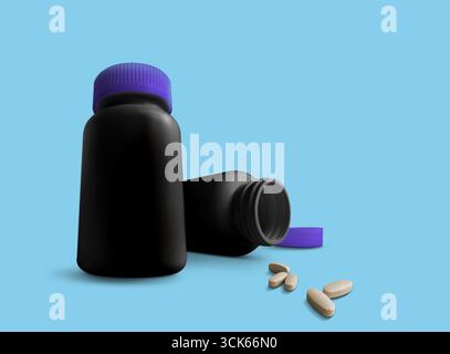 A pair of black bottles with purple caps, one open, alongside several white pills, suggesting a focus on health or medication. Stock Photo