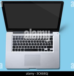A sleek, open laptop displaying a blank screen, designed for various computing tasks. Stock Photo
