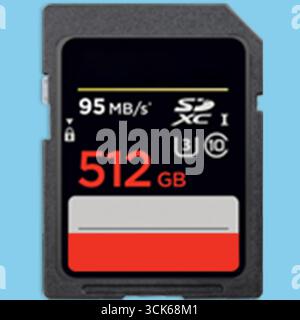 A high-capacity SD card with a storage capacity of 512 GB, designed for fast data transfer speeds. Stock Photo