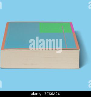 A colorful book with a blue cover featuring geometric shapes in green and pink. Stock Photo