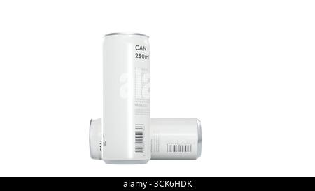 A minimalist design featuring two white cans, showcasing their labels and barcodes, emphasizing simplicity and functionality. Stock Photo