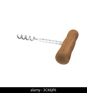 A corkscrew with a wooden handle, used for opening wine bottles. Stock Photo