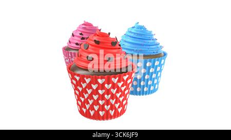 Three colorful cupcakes with decorative frosting, perfect for celebrations or dessert occasions. Stock Photo