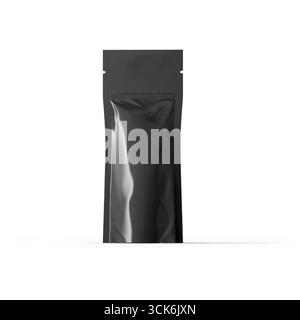 A sleek, black packaging pouch designed for various products, emphasizing minimalism and modern aesthetics. Stock Photo