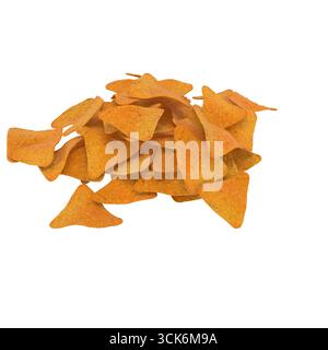 A pile of crispy, triangular tortilla chips, perfect for snacking or serving with dips. Stock Photo