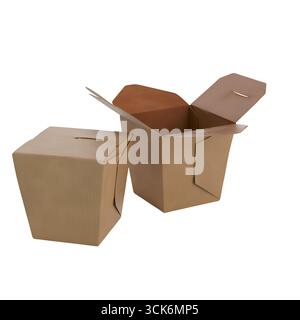 Two brown cardboard takeout boxes, one closed and one open, often used for food packaging. Stock Photo