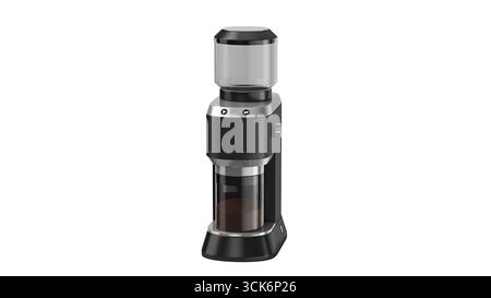 A sleek coffee grinder designed for efficient grinding of coffee beans, featuring a transparent container and a modern aesthetic. Stock Photo