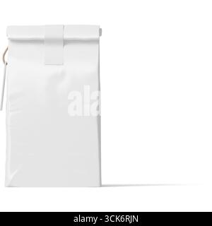 A plain white packaging bag designed for various contents, featuring a fold-over top closure. Stock Photo