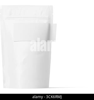 A plain white packaging pouch designed for various products, featuring a resealable top and a blank label for customization. Stock Photo