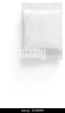 A plain, sealed white packaging pouch, typically used for storing various products like snacks or powders. Stock Photo