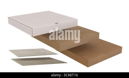 A stack of pizza boxes in white and brown colors, designed for food delivery and storage. Stock Photo