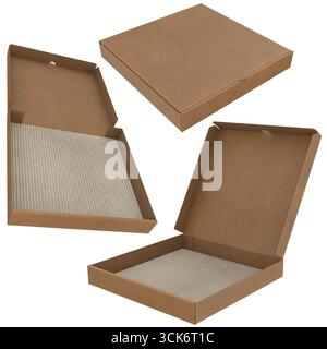 A collection of brown cardboard boxes, showcasing their open and closed states, designed for packaging and storage purposes. Stock Photo