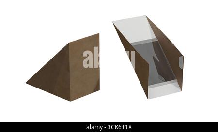 This image shows two triangular packaging boxes, one open and one closed, designed for food or snacks. Stock Photo