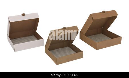 A set of three open boxes in different colors, designed for packaging or storage purposes. Stock Photo