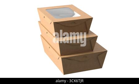A stack of three brown takeout boxes with a transparent lid, designed for food packaging. Stock Photo