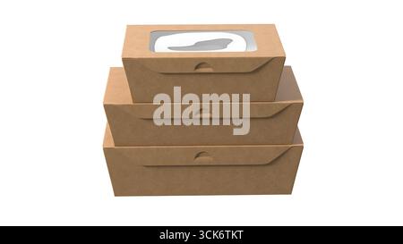 Three stacked cardboard takeout boxes with a transparent window on top, suitable for food packaging. Stock Photo