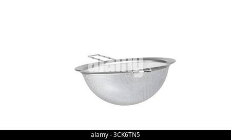 A stainless steel mesh strainer used for draining liquids from food. Stock Photo
