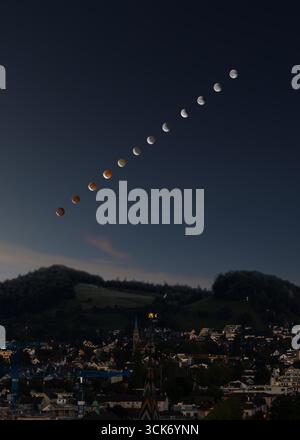 Composite of lunar eclipse on September 07. 2025 over the Swiss city Baden. Stock Photo