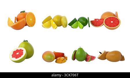 A colorful assortment of sliced fruits including oranges, limes, grapefruits, pears, and mangoes, showcasing vibrant textures. Stock Photo