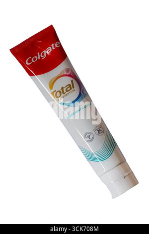 Tube of Colgate Total Active Prevention fresh mint toothpaste isolated on white background Stock Photo