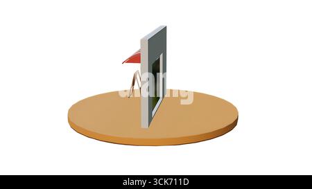 A minimalist 3D rendering of a table with a red umbrella and a vertical panel, suggesting a cozy outdoor setting. Stock Photo