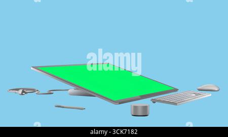 A digital workspace featuring a green screen monitor, keyboard, mouse, stylus, and speaker for creative tasks. Stock Photo