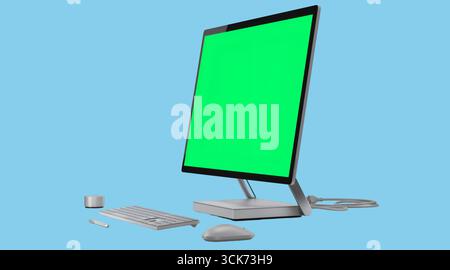 A modern computer setup featuring a monitor, keyboard, mouse, and accessories on a blue background. Stock Photo