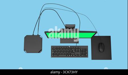 A computer setup featuring a monitor, keyboard, mouse, and compact system unit on a blue background. Stock Photo
