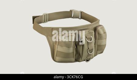 A tactical waist bag designed for carrying gear and essentials, featuring multiple pockets and a secure strap. Stock Photo