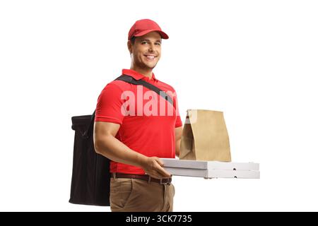 Food delivery man with bag and pizza boxes isolated on white background Stock Photo