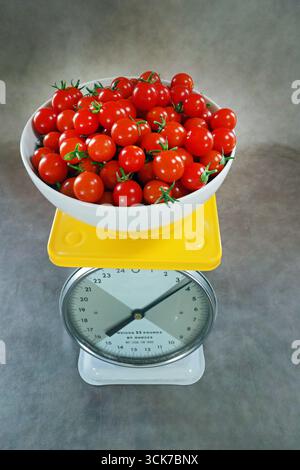 A bowl of ripe, organic, cherry tomatoes on a scale fresh from being picked from a small organic home garden near Bend, Oregon. Stock Photo
