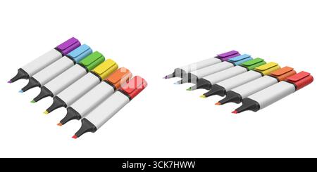 A set of colorful highlighters arranged in two rows, showcasing various vibrant colors for writing or highlighting. Stock Photo
