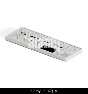 A compact music synthesizer with keys, knobs, and a display for creating and manipulating sounds. Stock Photo
