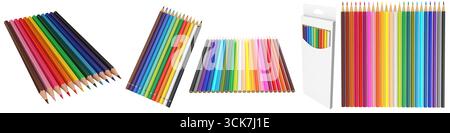A collection of colored pencils arranged in various styles, showcasing vibrant hues for art and creativity. Stock Photo