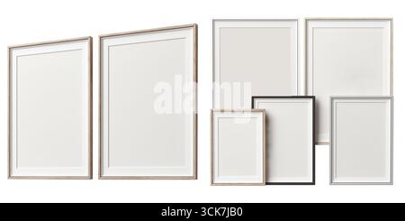 A collection of empty picture frames in various sizes and colors, ready for artwork or photos. Stock Photo