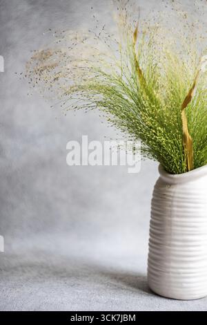 Summer interior decoration with white ceramic vase and green bouquet on concrete background Stock Photo