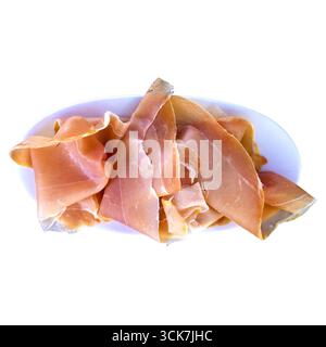 A plate of thinly sliced cured ham, showcasing its delicate texture and color. Stock Photo