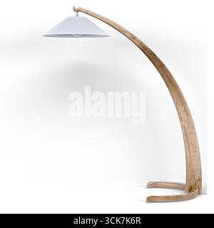 A modern floor lamp with a curved wooden base and a white shade, designed for stylish interior lighting. Stock Photo