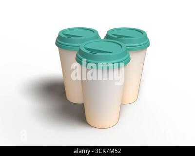 Three disposable coffee cups with teal lids arranged together. Stock Photo