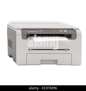 A compact printer with a sheet of paper emerging from the output tray, designed for home or office use. Stock Photo